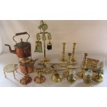 Assorted brass and copper inc candlesticks, kettles and miniature oil lamps