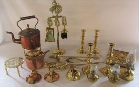 Assorted brass and copper inc candlesticks, kettles and miniature oil lamps