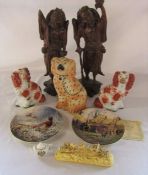 Staffordshire dogs, Wedgwood collectors plates, wooden ornaments, crested china teapot etc (af)