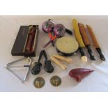 Assorted musical and percussion instruments inc triangle, cymbals, slide whistle, tambourine,