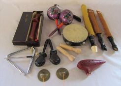 Assorted musical and percussion instruments inc triangle, cymbals, slide whistle, tambourine,