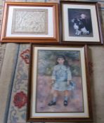 Framed prints and a framed Chinese silk