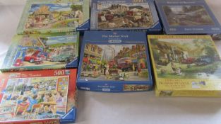 Assorted Gibsons & Ravensburg etc jigsaws inc An Olde English Pub, The Market Stall & Express to