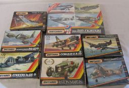 Various Matchbox model kits inc 4 class WWII fighters, Aston Martin, Bristol Beaufighter, Westland