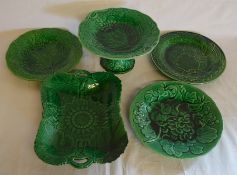 Victorian green glaze cake stand , 3 plates & a dish (repaired)