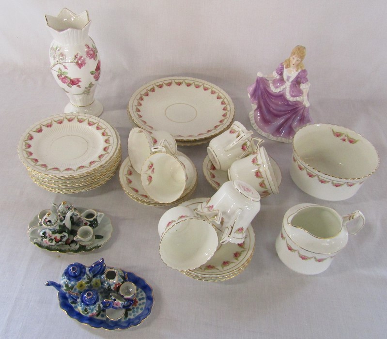 Royal Albert Crown China part tea service, Leonardo figurine, Aynsley vase and 2 miniature tea sets