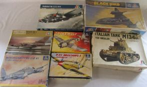Various Italerie model kits inc Blackbird, Italian Tank, P-51 Mustang I 'Razorback', Focke Wolf,
