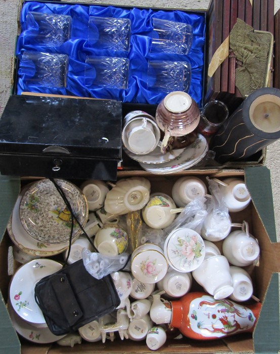 2 boxes of assorted ceramics and glassware, framed prints, money tin, candle holder etc