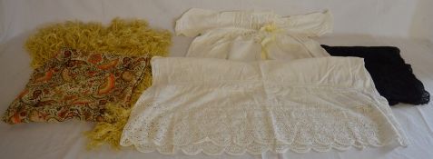 Early 20th century child's Christening gown, mourning scarf & a silk shawl