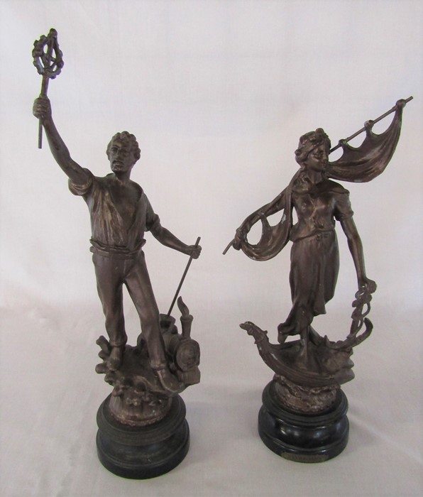 Pair of spelter figures 'La Navigation' and 'La Vapeur' H 48 cm and 42 cm