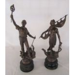 Pair of spelter figures 'La Navigation' and 'La Vapeur' H 48 cm and 42 cm