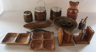 Quantity of treen inc biscuit barrels and book ends