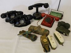 Box of assorted tinplate and wooden toys 1930/50s including Chad Valley telephones