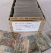 Box containing artist postcards depicting cityscapes, seascapes and landscapes dating from the early