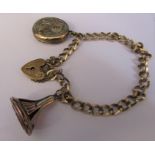 Tested as 9ct gold bracelet with 9ct gold locket and fob ('R' locket gold plated) total weight