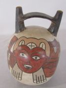 Peruvian style Nazca double spout vessel on stand H 18 cm