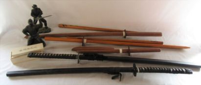 Selection of reproduction Japanese swords, wooden training / martial arts weapons & 2 Samurai