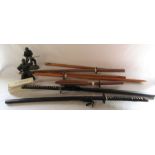 Selection of reproduction Japanese swords, wooden training / martial arts weapons & 2 Samurai