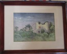 Framed atmospheric pastel drawing of castle ruins by I W Brownrigg 57 cm x 44 cm