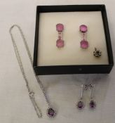 Yellow metal sapphire set pendant, silver & amethyst pendant and matching earrings and a pair of