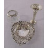 Silver bonbon dish Chester 1898 0.45 ozt, miniature spill vase Birmingham 1973 and silver topped