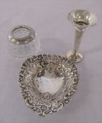 Silver bonbon dish Chester 1898 0.45 ozt, miniature spill vase Birmingham 1973 and silver topped