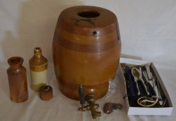 Salt glaze barrel, J East Louth stoneware bottle, coins, cutlery etc