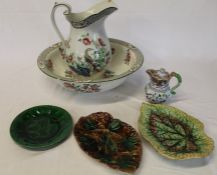 Corona Ware Rock & Pheasant jug and bowl (af) 3 leaf moulded dishes & stoneware lidded jug