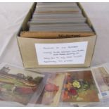 Box of assorted postcards inc gambling, hand painted, multi babies, adverts and embossed dating from