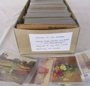 Box of assorted postcards inc gambling, hand painted, multi babies, adverts and embossed dating from