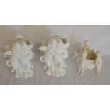 Pair of 19th century blanc de chine figural spill vases (repair to wing) & a salt or sugar bowl