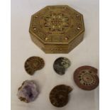 Octagonal inlaid box and a selection of fossils