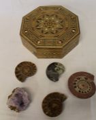 Octagonal inlaid box and a selection of fossils