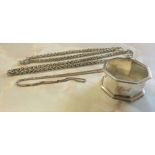 Silver napkin ring engraved to 'Dick' Birmingham 1946 weight 1.15 ozt & 3 silver chains weight 2.