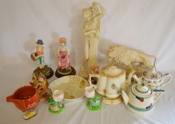 2 large resin figurines, 3 teapots, Brown & Polson gravy jug etc