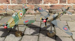 Trench art models of a wooden Spitfire and Hurricane on stands