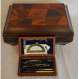 Inlaid wooden box & a cased draftsman's set
