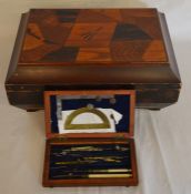 Inlaid wooden box & a cased draftsman's set