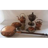 Assorted copper inc samovar, W Jones warranted bottle jack, warming pan and kettles