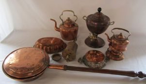 Assorted copper inc samovar, W Jones warranted bottle jack, warming pan and kettles