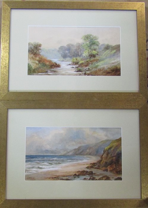 Pair of gilt framed watercolours by J Douglas 'North Tyne' and 'Ravenscar Yorkshire coast' 58 cm x