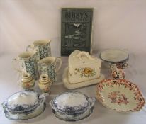 Various ceramics inc graduated jugs, Victorian cheese dish, Masons & book