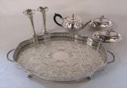 Assorted silver plate inc pair of spill vases, oval tray, small tureens etc