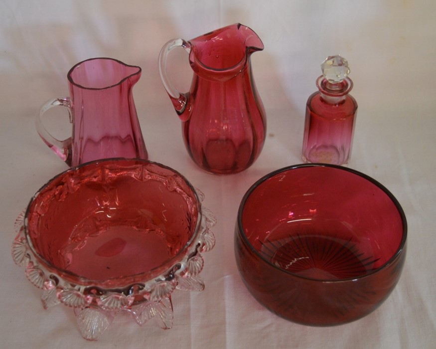 5 pieces of cranberry glass (foot of bowl broken)