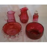 5 pieces of cranberry glass (foot of bowl broken)