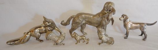 Silver plate dogs, cockerels & a fox