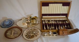 Part canteen of cutlery, various silver plate, including a condiment set, collectors plates,