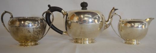 Silver bachelor 3 piece tea set with worn inscription 'From the officers 34th siege battery 13th