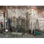 Large quantity of garden tools, construction tools, post driver & wellington boots