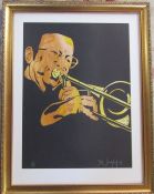 Limited edition silk screen print no 23/30 of jazz trumpeter George Masso by artist, jazz musician